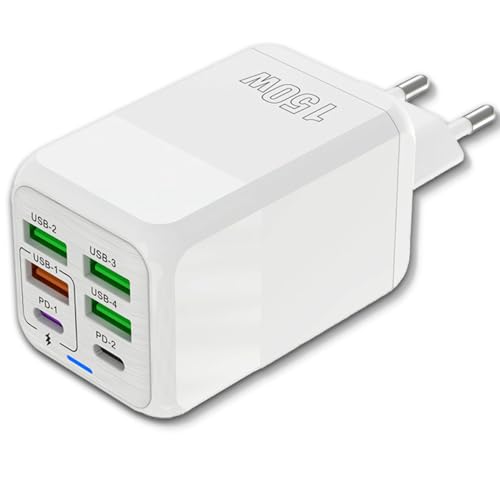 3-Stars USB-Ladegerät 150 W mit 6 Ports: 2 USB-C + 4 USB-A, Schnellladung, QC 3.0, kompatibel mit Samsung/iPhone/Xiaomi/usw., CE-zertifiziert (weiß) von Three Stars