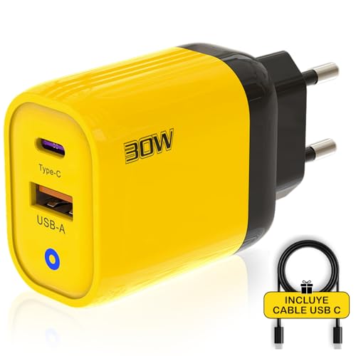 3-Stars | USB-C-Ladegerät mit 30 W | Geschenk: Typ-C-Kabel | 2 USB-Anschlüsse: Typ C + Typ A | Schnelllade-QC 3.0 | Certif. CE | kompatibel mit zahlreichen Geräten | Zufriedenheitsgarantie (Gelb) von Three Stars