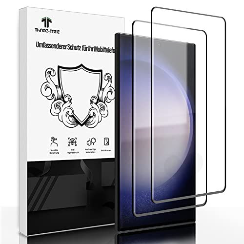 Schutzfolie für Panzerglas für Samsung Galaxy S23 Ultra 5G, Fingerabdruck-ID unterstützen Panzer Schutz Glas 2 Stück, 3D-Volle Bedeckung, Passt Perfekt HD 9H Displayschutzfolie für S23 Ultra - 1 von Three-Tree
