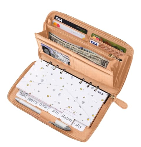 Budget-Geldbörse mit Umschlägen, komplettes All-in-One-Budget-System mit 12 Registerkarten-Umschlägen, 12 Monatsbudgetkarten, 1 Jahresbudgetplaner, Geld-Organizer-Set mit RFID-Schutz, Pfirsichfarben von Three Way Cut