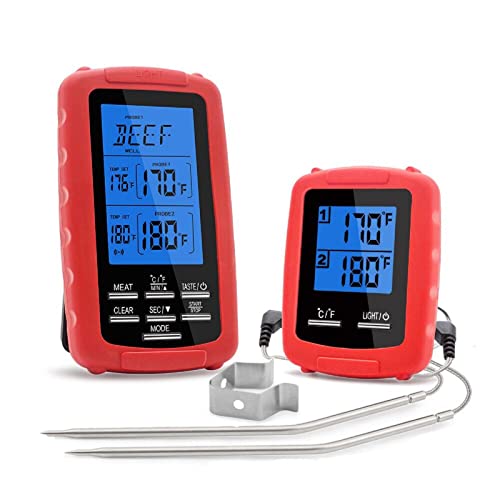 ThreeH Wireless Meat Thermometer für Grillen Smoker BBQ Grill Ofen 230 Fuß Reichweite Kochen Küche Lebensmittel Thermometer Timer Alarm 2 Sonden Rot von ThreeH