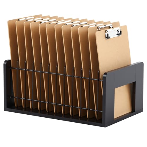 Threehoney Vertikaler Klemmbrett-Halter, 12 Schlitze, Bambus und Metall, Klemmbrett-Organizer, Aufbewahrungsständer, Schreibtisch-Akten-Organizer, Aufbewahrungsregal für Zuhause, Büro, Klassenzimmer von Threehoney