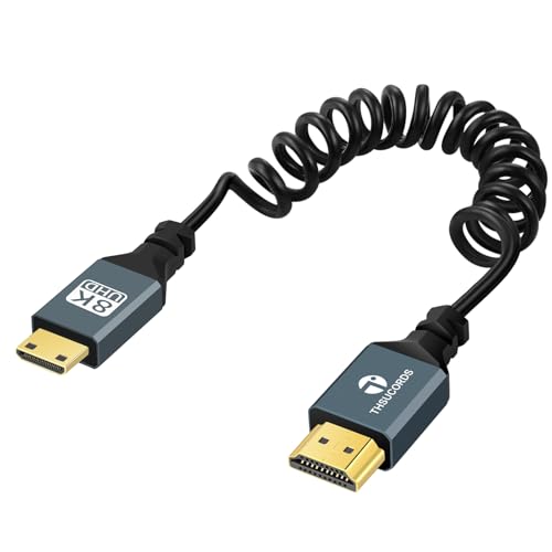 Thsucords Spiralkabel 8K Mini HDMI auf HDMI, Ultradünnes HDMI zu Mini HDMI Stecker auf Stecker Spiralkabel, Unterstützt 8K @60 Hz, 4K @120 Hz, 48 Gbps für Nikon/Canon DSLR, Camcorder(90cm) von Thsucords
