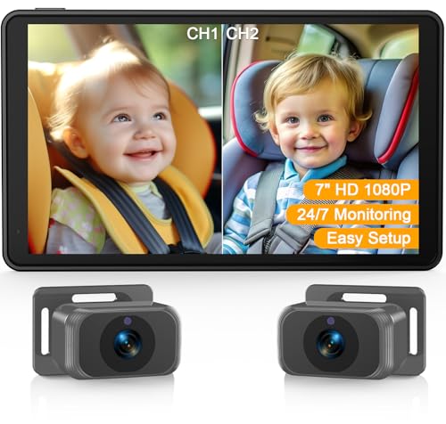 Baby-Autokamera für 2 Kinder – 17,8 cm (7 Zoll) geteilter Bildschirm, Dual-HD-1080P-Kameras, Nachtsicht, 360° Drehung, einfach zu installierende Rückkamera für Sicherheit und Komfort von Thybro