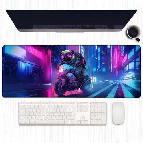 Ti Caldi Cyberpunk Gaming-Mauspad mit Mops-Motiv, erweiterter cooler Hund auf einem Motorrad-Schreibtischunterlage, Computer-Laptop-Mauspad, robuste genähte Kanten, 80 x 29 cm, große von Ti Caldi