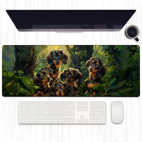 Ti Caldi Gaming-Mauspad mit niedlichem Dackel, erweiterter Welpe in einem üppigen Wald, Schreibtischunterlage, Computer-Laptop-Mauspad, robuste genähte Kanten, 80 x 29 cm, große Büro-Tastatur-Mauspads von Ti Caldi