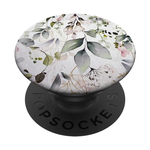 Ti Eukalyptus Watercolor Floral Blossoms Co. Eukalyptusgrüne Blüte Aquarell Blumen Blätter Muster PopSockets Klebender PopGrip für Smartphones mit kompatiblen Hüllen, Schwarz von Ti Eucalyptus Watercolor Floral Blossoms Co.
