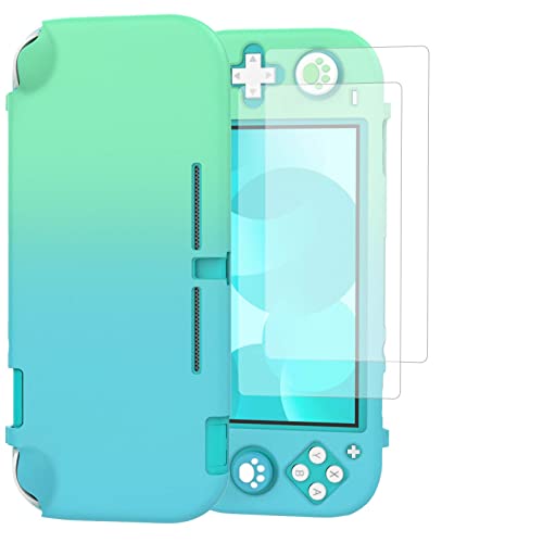 TiMOVO Hülle Kompatibel mit Nintendo Switch Lite, Stoßfeste Anti Kratz PC Schutzhülle mit 4 Daumengriffkappen und 2 Displayschutzfolie aus Gehärtetem Glas - Blau +Grün von TiMOVO