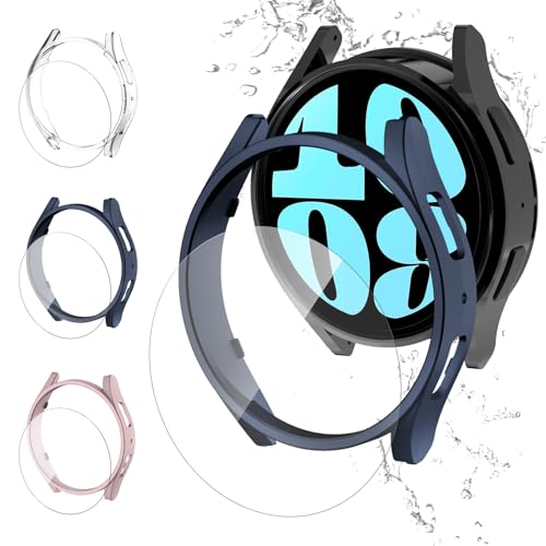 TiMOVO Hülle & Displayschutzfolie Kompatibel mit Samsung Galaxy Watch 6 44 mm, 3 + 3 Stück Hart PC Schutzhülle & Gehärtetes Glas Schutzfolie für Galaxy Watch 6 44 mm, Mitternachtsblau/Klar/Rosa Gold von TiMOVO