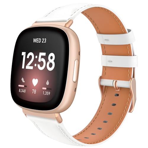 TiMOVO Leder Armband Kompatibel mit Fitbit Versa 4/Fitbit Versa 3/Fitbit Sense 2/Sense Uhrenarmband, Genarbtes Echtes Klassisches Leder Ersatzarmband für Damen und Herren, Weiß von TiMOVO