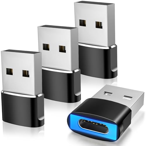TiMOVO USB zu USB C Adapter mit LED Licht, Schnelles Laden USB A zu C Konverter, 4 Pack Typ C Buchse zu USB Stecker Adapter Ladegerät für iPhone 15/16 Pro Max Plus,AirPods, iPad,Galaxy,CarPlay,Schwarz von TiMOVO