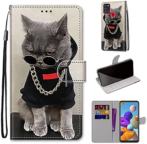 Tiahf Hülle für Samsung Galaxy A21S Handyhülle, Flip Case mit Muster Bunt Kartenfach Geldfach Leder Klappbar Magnet Komplett Schutzhülle Klapphülle Handytasche für Samsung Galaxy A21S,Grau Schwarz von Tiahf