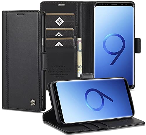 Tiahf Hülle für Samsung Galaxy S9 Handyhülle, Leder Case Handytasche mit Geldfach Komplett Schutzhülle Klappbar Magnet Flip Cover Geldbörse Stoßfest Klapphülle für Samsung Galaxy S9,Schwarz von Tiahf