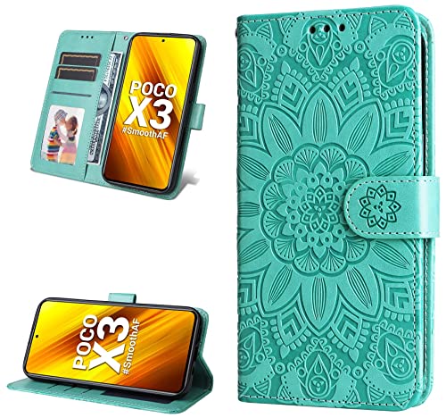 Tiahf Hülle für Xiaomi Poco X3 Pro/Xiaomi Poco X3 NFC Klapphülle Blumen Muster Motiv Handyhülle Klappbar Leder Tasche Komplettschutz Flip Case mit Geldfach Magnet Geldbörse Schutzhülle,Grün von Tiahf