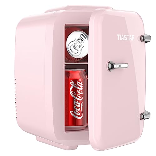 Tiastar Mini Tragbarer Kühlschrank, 4 Liter /6 Dosen Getränke & Hautpflege Mini-Kühlschrank für Schlafzimmer, Auto, Büro Schreibtisch, zwei Gänge - Kühler und Wärmer (Rosa) von Tiastar