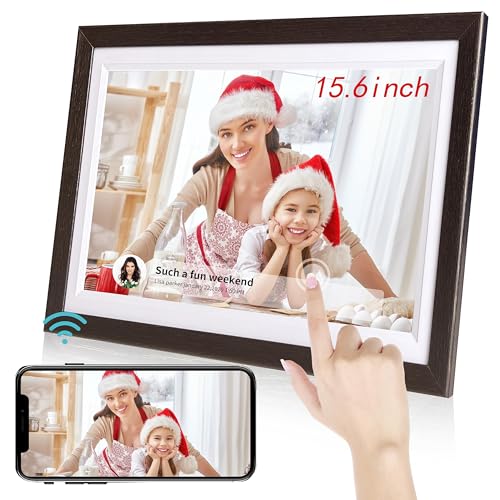 Tibuta 15,6 Zoll WLAN Digitaler Bilderrahmen, 1366 x 768 IPS Touchscreen Digitaler Bilderrahmen, 32G-Walnuss, Teilen Sie Fotos oder Videos über die Frameo APP von Tibuta