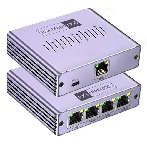 Netzwerk Switch 1 auf 4 1000Mbps LAN Switch 4 Port Gigabit LAN Verteiler LAN Splitter, Ethernet Switch für Computer, Switch, Router, Set-Top Box, ADSL, Digital TV(Mit USB-C Netzkabel) von Ticenpe