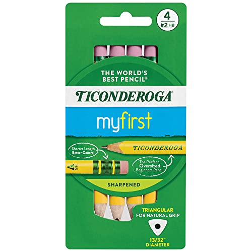 Ticonderoga My First kurze dreieckige Holzstifte, 2 HB weich, mit Radiergummis, Gelb, 4 Stück von Ticonderoga