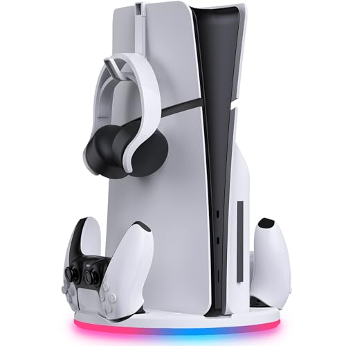 Ständer mit Dual Controller Ladegerät für PS5 Slim – Playstation 5 Standfuß mit Twin Controller Ladestation und Headset Halterung – RGB Beleuchtung – Schnelladung - Für Dualsense und Dualsense Edge von Tideal