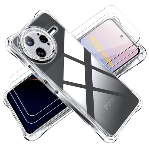 Tieeyivv Hülle für Xiaomi Poco F7 Ultra 5G Case mit Schutzfolie für Panzerglas Schutzglas Cover Stoßfest Schutzhülle, Soft TPU Transparent Handyhülle [Kamera Schutz] von Tieeyivv