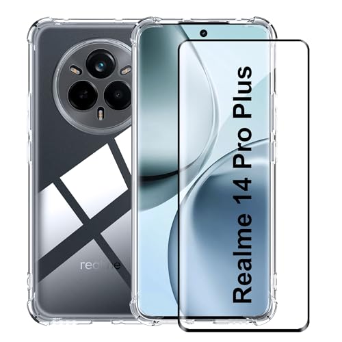 Tieeyivv Hülle für Realme 14 Pro Plus/14 Pro+ 5G mit Schutzfolie für Panzerglas Schutzglas Cover Stoßfest Schutzhülle, Soft TPU Transparent Handyhülle [Kamera Schutz] von Tieeyivv