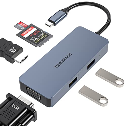 Tiergrade 6-in-1 USB C HUB, USB C auf USB Adapter mit 4K HDMI, VGA, SD- und TF-Kartenleser und 2 USB-2.0 Anschlüssen, USB C Dock für MacBook Dell HP und andere Typ C Laptops von Tiergrade
