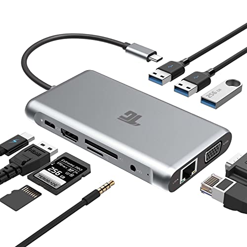 USB C Hub, USB C Adapter, Tiergrade 10 in 1 Thunderbolt 3 Typ C Adapter, 100W PD 3.0 mit 4K HDMI, RJ45 Ethernet, USB 3.0 Ports, TF/SD-Kartenleser, VGA, Audio-Mikrofonanschluss von Tiergrade