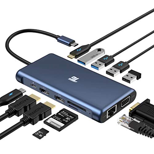 USB C Hub, USB C Adapter, Tiergrade 12 in 1 Triple Display Adapter mit Dual 4K HDMI, VGA, 100W Pd 3.0, RJ45 Ethernet, USB-A USB-C Ports, Tf/SD Kartenleser für MacBook und Typ C Laptops, blau, TG-HB015 von Tiergrade