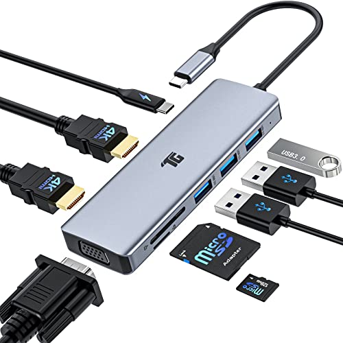 USB C Hub, USB C Adapter, Tiergrade 9 in 1 Triple Display Collage Display Typ C Adapter mit 2 4K HDMI, VGA, PD 3.0, USB 3.0 und TF/SD Kartenleser für MacBook und Typ-C Laptops von Tiergrade