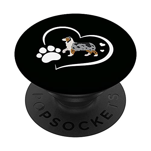 Australian Shepherd mit Pfotenabdruck und Herzen auf Schwarz PopSockets mit austauschbarem PopGrip von Tierkunst für den Hundeliebhaber