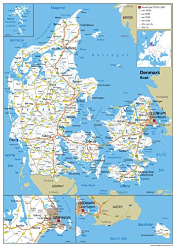 Dänemark Road Wall Map – Papier laminiert [GA] A2 Size 42 x 59.4 cm von Tiger Moon The Tiger Moon Trading Company Ltd