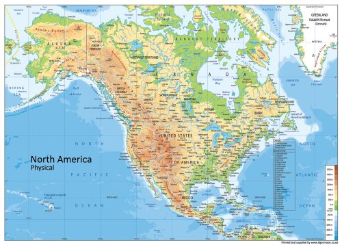 Physikalische Karte Nordamerika – Papier laminiert – A1 Größe 59,4 x 84,1 cm von Tiger Moon The Tiger Moon Trading Company Ltd