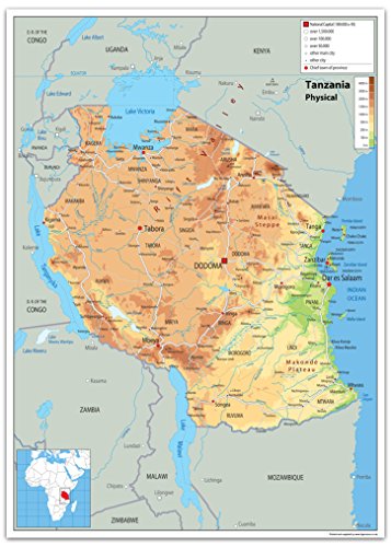 Physikalische Karte von Tansania, Größe A1, 59,4 x 84,1 cm, laminiertes Papier von Tiger Moon The Tiger Moon Trading Company Ltd