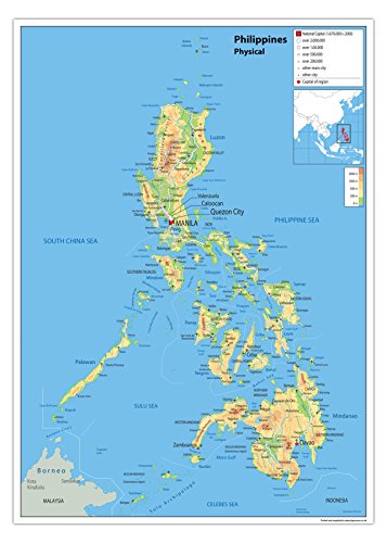 Physische Karte der Philippinen, Papier, laminiert [GA] (A2) von Tiger Moon The Tiger Moon Trading Company Ltd