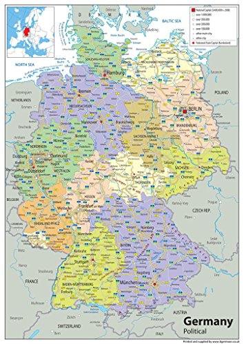 Politische Karte von Deutschland, Größe A2, 59,4 x 42 cm, laminiertes Papier von Tiger Moon