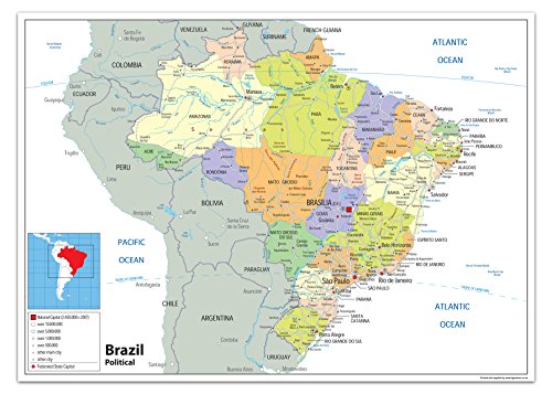 Politische Karte von Brasilien, Papier, laminiert, A1, 59,4 x 84,1 cm von Tiger Moon The Tiger Moon Trading Company Ltd