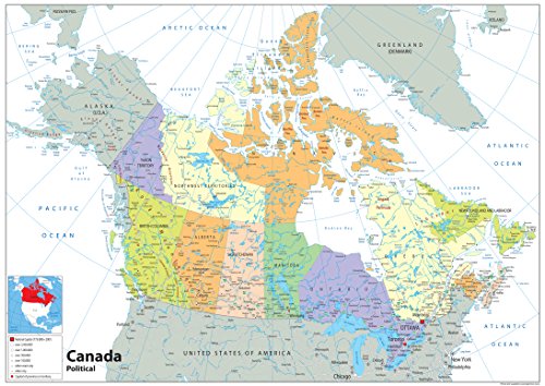 Politische Karte von Kanada, Größe A1, 59,4 x 84,1 cm, laminiertes Papier von Tiger Moon The Tiger Moon Trading Company Ltd