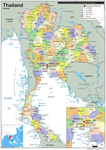 Thailand Politische Karte – Papier laminiert (A2 Größe 42 x 59,4 cm) von Tiger Moon The Tiger Moon Trading Company Ltd