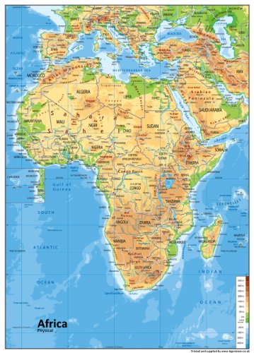 Afrika Physische Karte – Papier laminiert – A1 Größe 59,4 x 84,1 cm von Tiger Moon