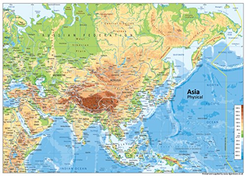 Asien Physikalische Karte – Papier laminiert – A1 Größe 59,4 x 84,1 cm von Tiger Moon