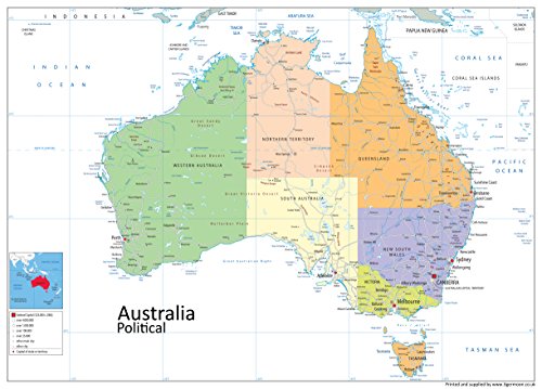 Australien, politische Karte, laminiert, Format A1, 59,4 x 84,1 cm (in englischer Sprache) von Tiger Moon