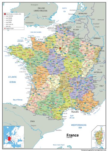Frankreich Politische Karte – Papier laminiert – A1 Größe 59,4 x 84,1 cm von Tiger Moon