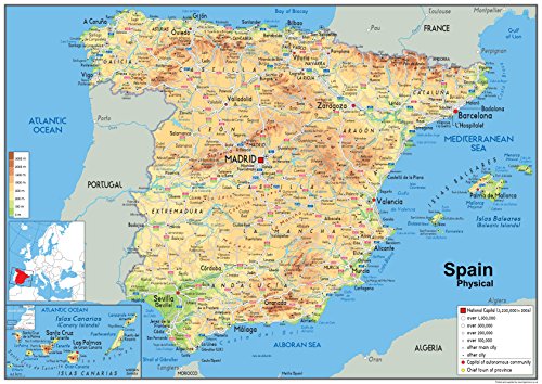 Geografische Karte von Spanien, laminiertes Papier, Größe A2, 42 x 59,4 cm von Tiger Moon