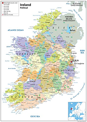 Irland Politische Karte – Papier laminiert A1 Size 59.4 x 84.1 cm farblos von Tiger Moon