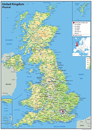 Karte des Vereinigten Königreichs mit zusätzlichen Daten, 42 x 60 Zentimeter, A2-Format von Tiger Moon
