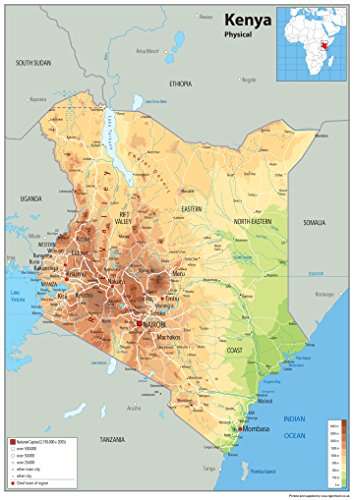 Kenia Physikalische Wall Map – Papier laminiert poster A1 Size 59.4 x 84.1 cm von Tiger Moon