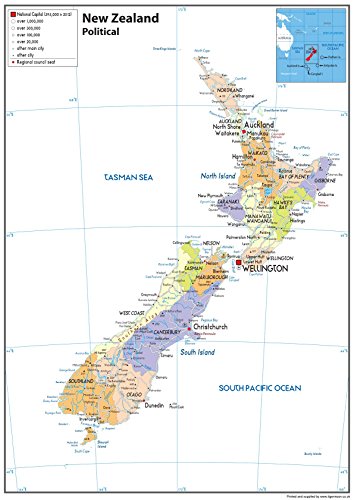 Neuseeland Politische Karte – Papier laminiert – A1 Größe 59,4 x 84,1 cm von Tiger Moon