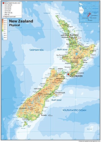 Physikalische Karte von Neuseeland– Papier laminiert – A1 Größe 59,4 x 84,1 cm von Tiger Moon