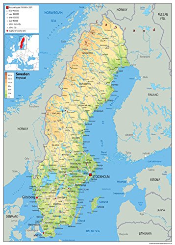 Physische Karte Schweden – Papier laminiert (A2 Größe 42 x 59,4 cm) von Tiger Moon