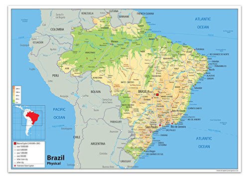 Physische Karte von Brasilien, laminiertes Papier [GA] A1 Size 59.4 x 84.1 cm von Tiger Moon